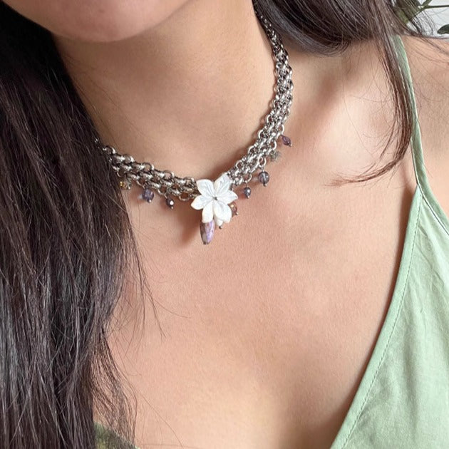 Vintage Flower Pendant Chunky Chain Necklace,Punk Retro Beads Choker Necklace, Y2K Adjustable Trendy Jewelry,Gift for Woman