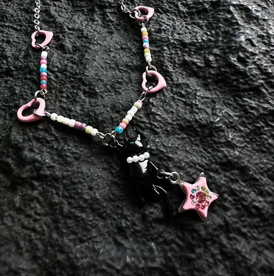 Adorable Cat and Star Pendant Beaded Necklace, Girly Style, Interesting Design, Special Gift. Niche Style