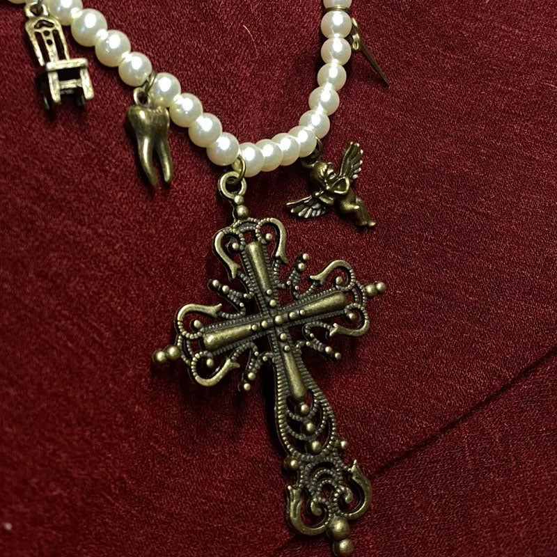 Vintage Necklace,glass pearl beads Choker,personality copper pendant,Cross Pendant Necklace Gothic,Jewelry for Women Men