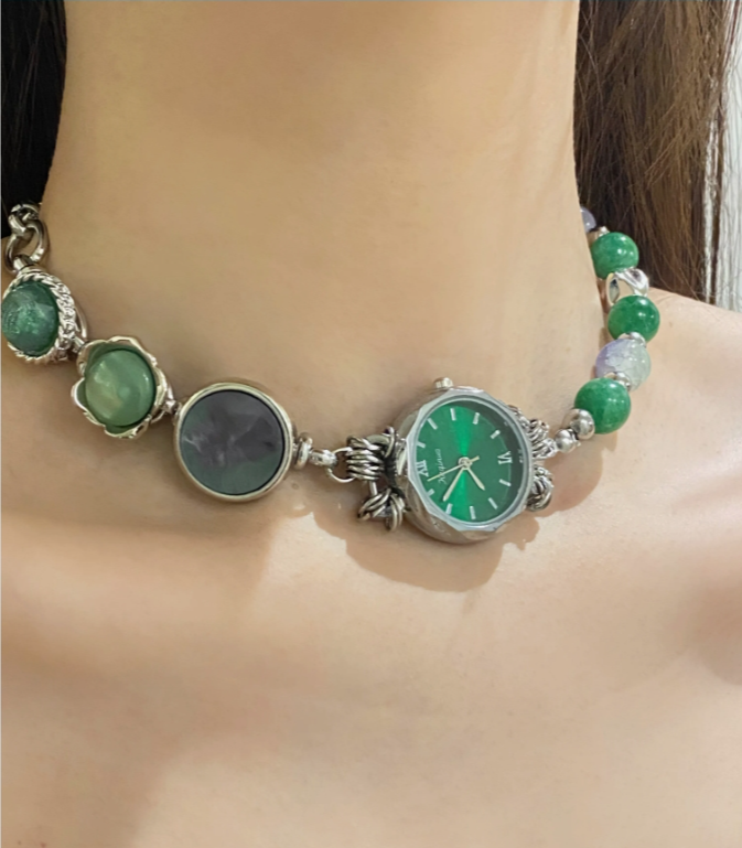 Cyber Punk Vintage Chunky Metal Chain Bead Necklace,Silver and Green Watch Pendant Choker, Trendy Jewelry, Y2KAccessories, Perfect Unique Handmade Gift