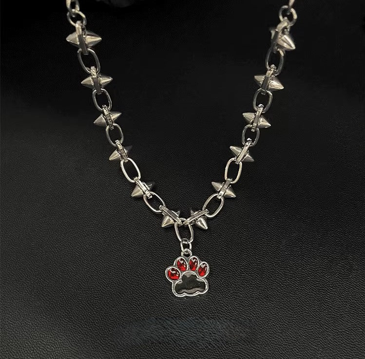Adorable Chunky Niche Silver Copper Punk Cat Paw Pendant Necklace Choker Chain for Women