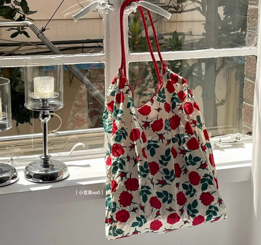 Retro illustration floral shopping bag for women, large capacity, ultra lightweight, foldable, portable single shoulder bag, canvas bag, beach bag
