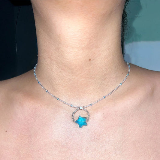 Y2K Necklace with Blue Star Pendant,ins style Exquisite Choker,Summer beads Necklaae candy color for women