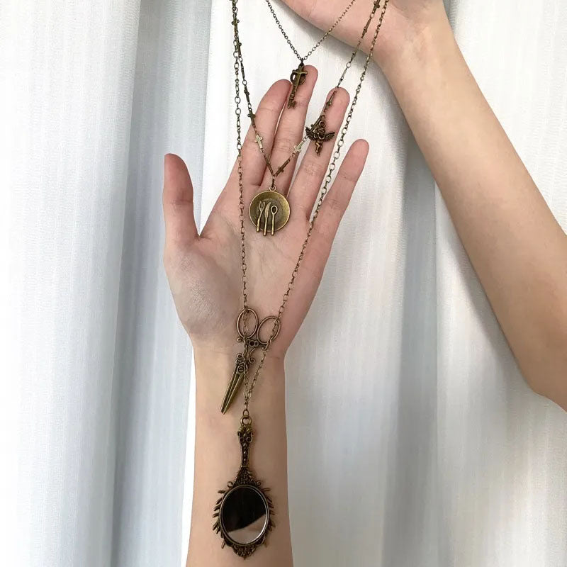 Multi 3 Layers Necklace, Vintage Choker Chain,Mirror Pendant,Multi element retro copper necklace,classical Jewelry for Women