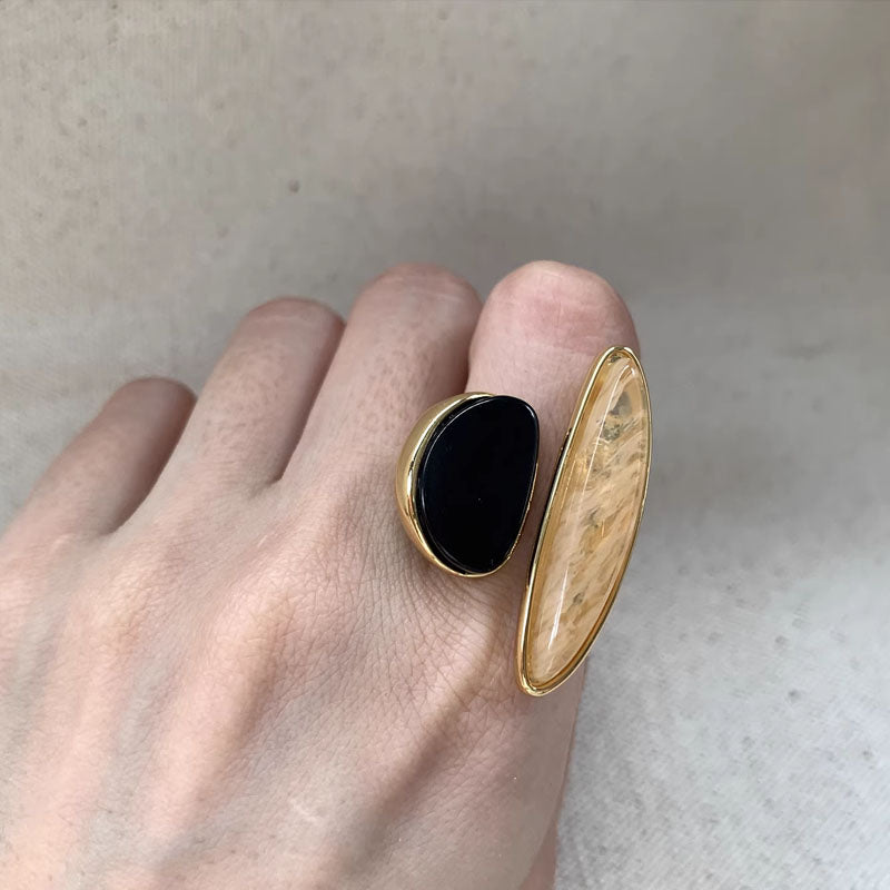 Personality Fashion Geometric Oval Ring Rectangular Golden Black Jewelry Natural Stone Ring Natural Stone Ring for Women