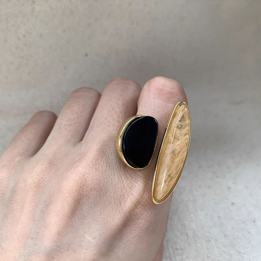 Personality Fashion Geometric Oval Ring Rectangular Golden Black Jewelry Natural Stone Ring Natural Stone Ring for Women