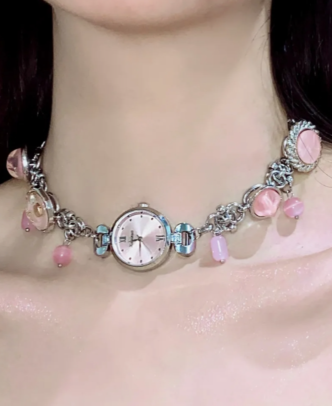 Cyberpunk Retro Pink Watch Choker Necklace, Silver Watch Pendant Choker, Y2K Choker, Stylish and Cool