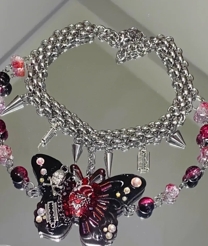 Cyberpunk Retro Beads Choker Necklace, Silver Red Butterfly Pendant Choker, Y2K Choker, stylish and cool, niche appeal