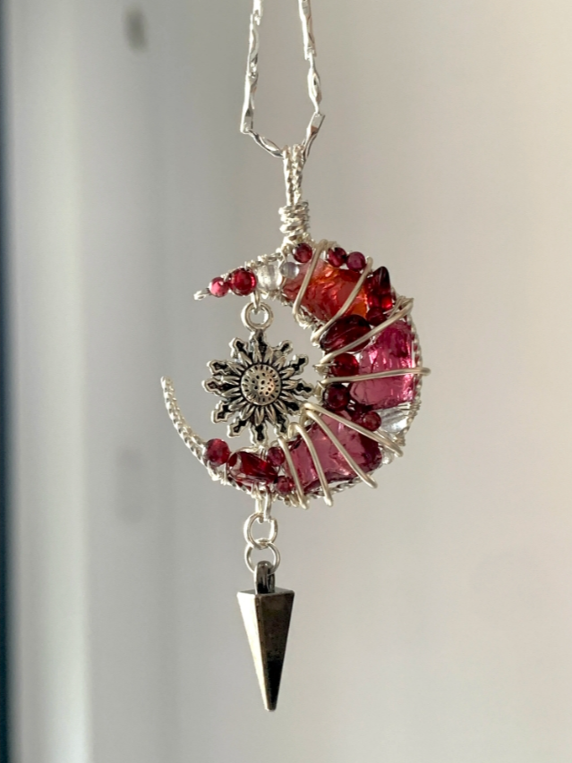Handmade Red Moon Crystal Necklace,Magic Natural Stone and Silver-plated Necklace