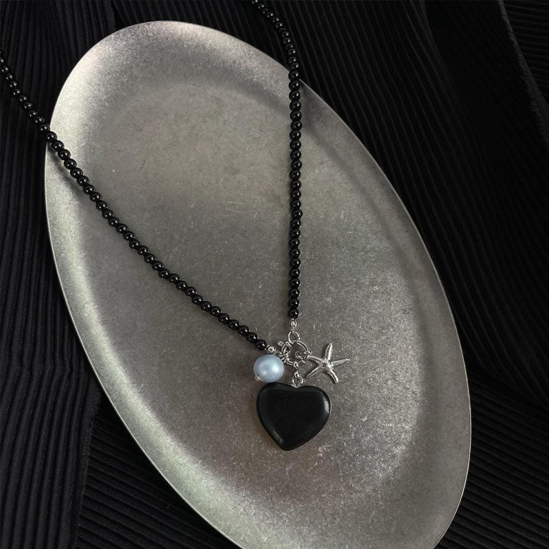 Black Agate Necklace Heart Shaped Pendant Necklace for Women