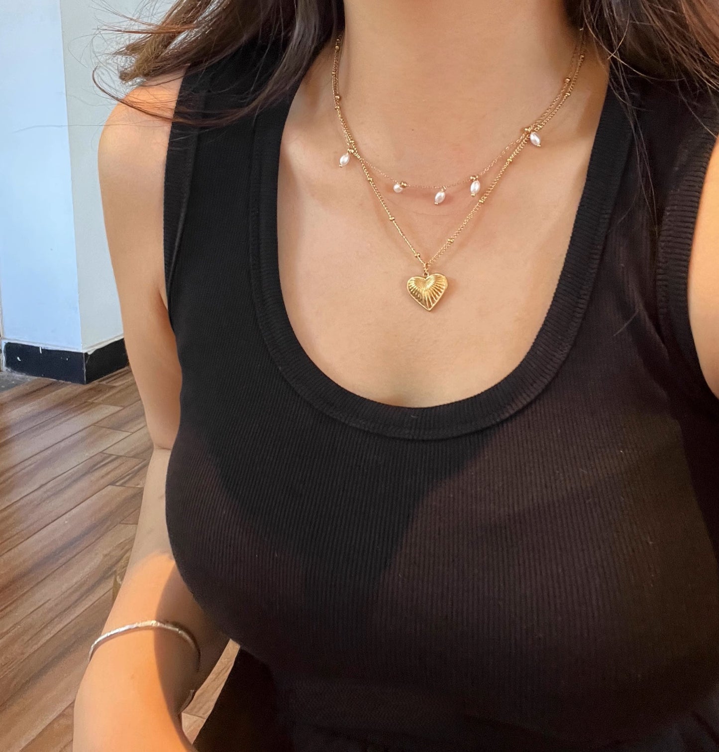 Vintage French Chic Delicate Pearl Heart-shaped Titanium Steel Layered Necklace