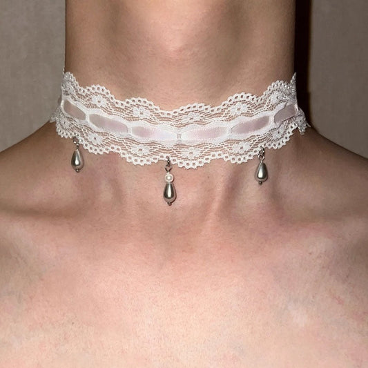 Pearl Lace Choker Necklace Waterdrop Pendant Necklace Choker Vintage Clavicle Necklace Neck Chain for Bridemaids Wedding