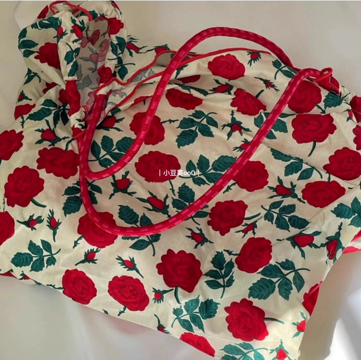 Retro illustration floral shopping bag for women, large capacity, ultra lightweight, foldable, portable single shoulder bag, canvas bag, beach bag