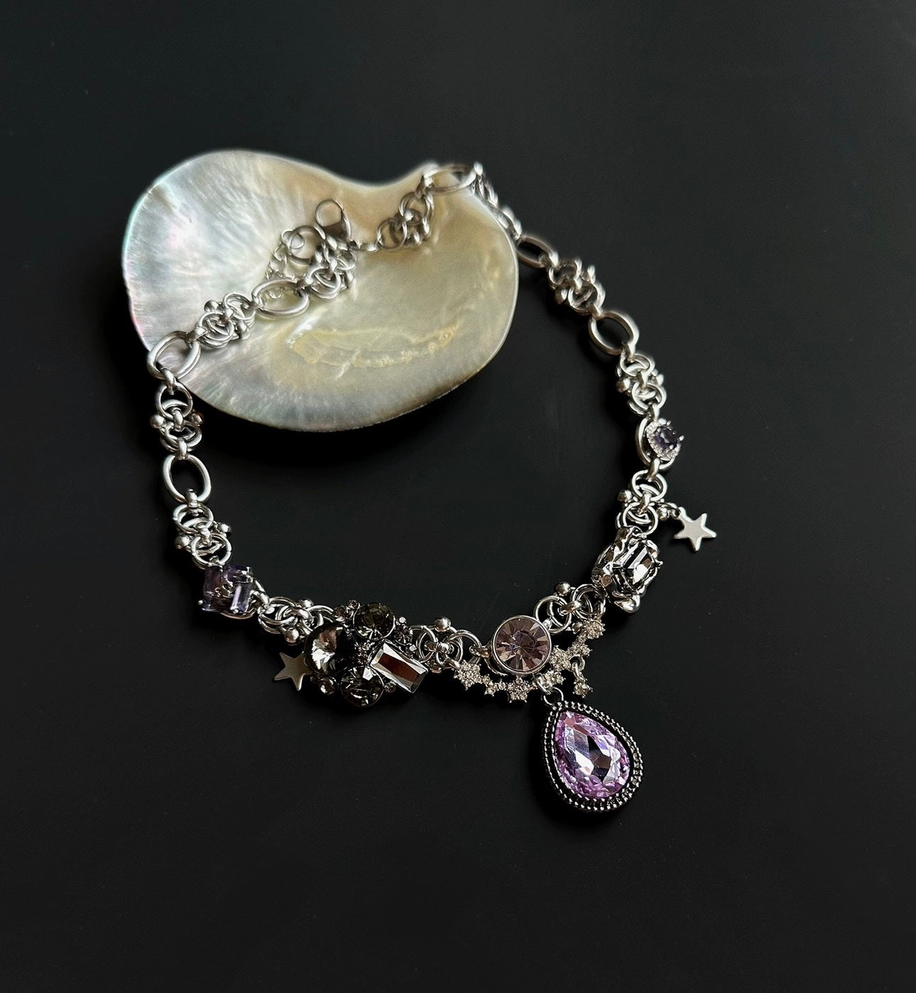 Vintage purple cubic zirconia star pendant silver necklace, vintage courtly choker, Y2K necklace. Perfect for fashionable girls,Perfect gift