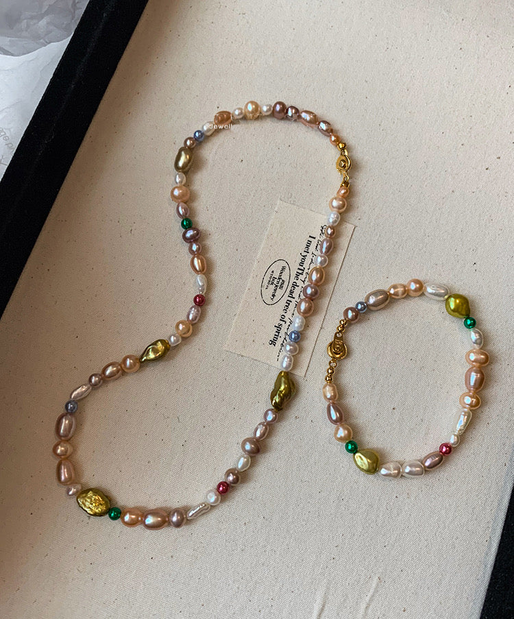 Fresh water pearl baroque Jewelry set with rainbow colors shaded ombre gradient style