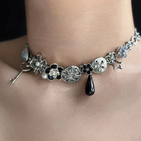 Flower Shape Vintage Metal Choker Titanium Steel Handmade Necklace Choker for Women and Girls