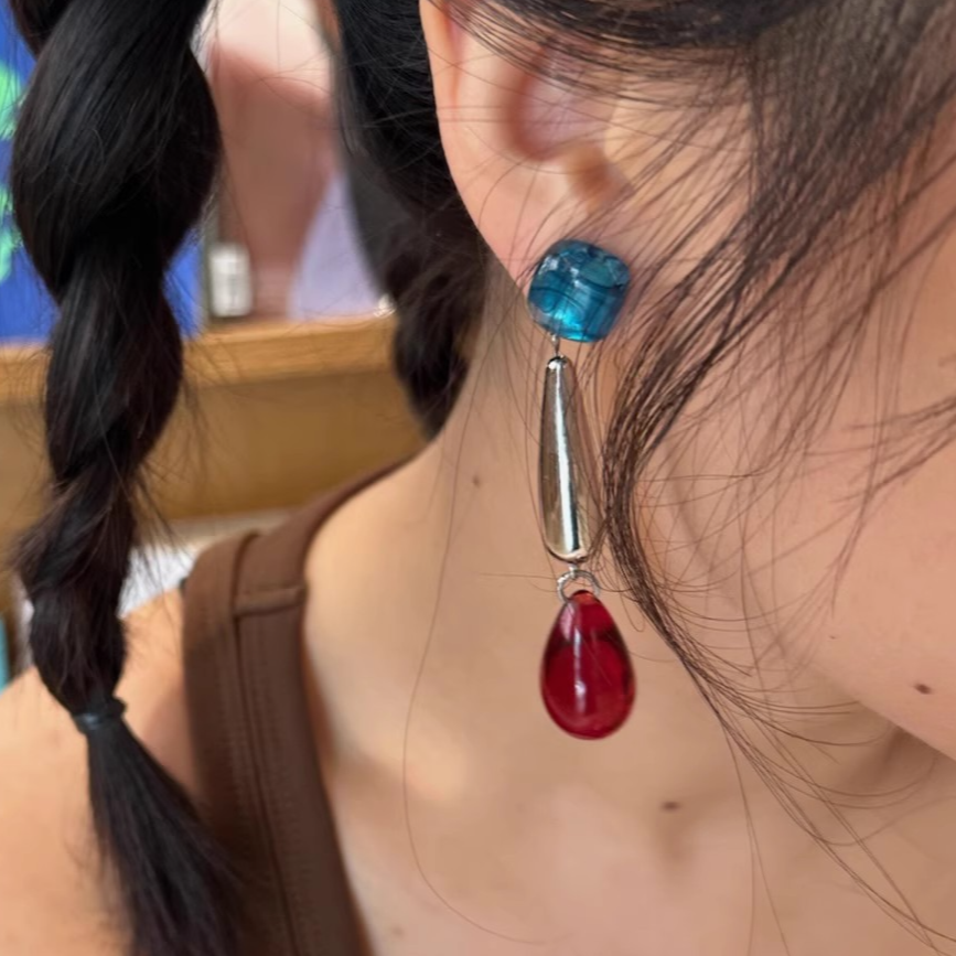 Handmade Red and Blue Contrast Long Earrings