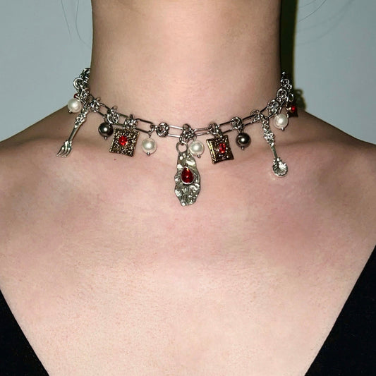 Vintage Cross Necklace with Ruby and Pearl Layering, Uniquely Cyberpunk Y2K  Style Necklace, Punk Vintage, Men and Women necklace