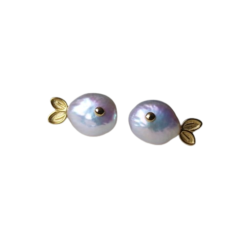 Baroque Pearl Small Fish Stud Earrings with Aurora Borealis Button Whale in S925 Sterling Silver