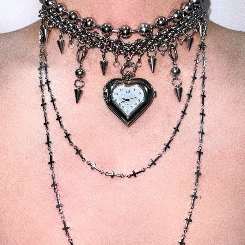 Y2K Punk Heavy duty Heart Watch Pendant Necklace Multilayer Layered Choker Long Chain Pendant Necklace for Women Jewelry
