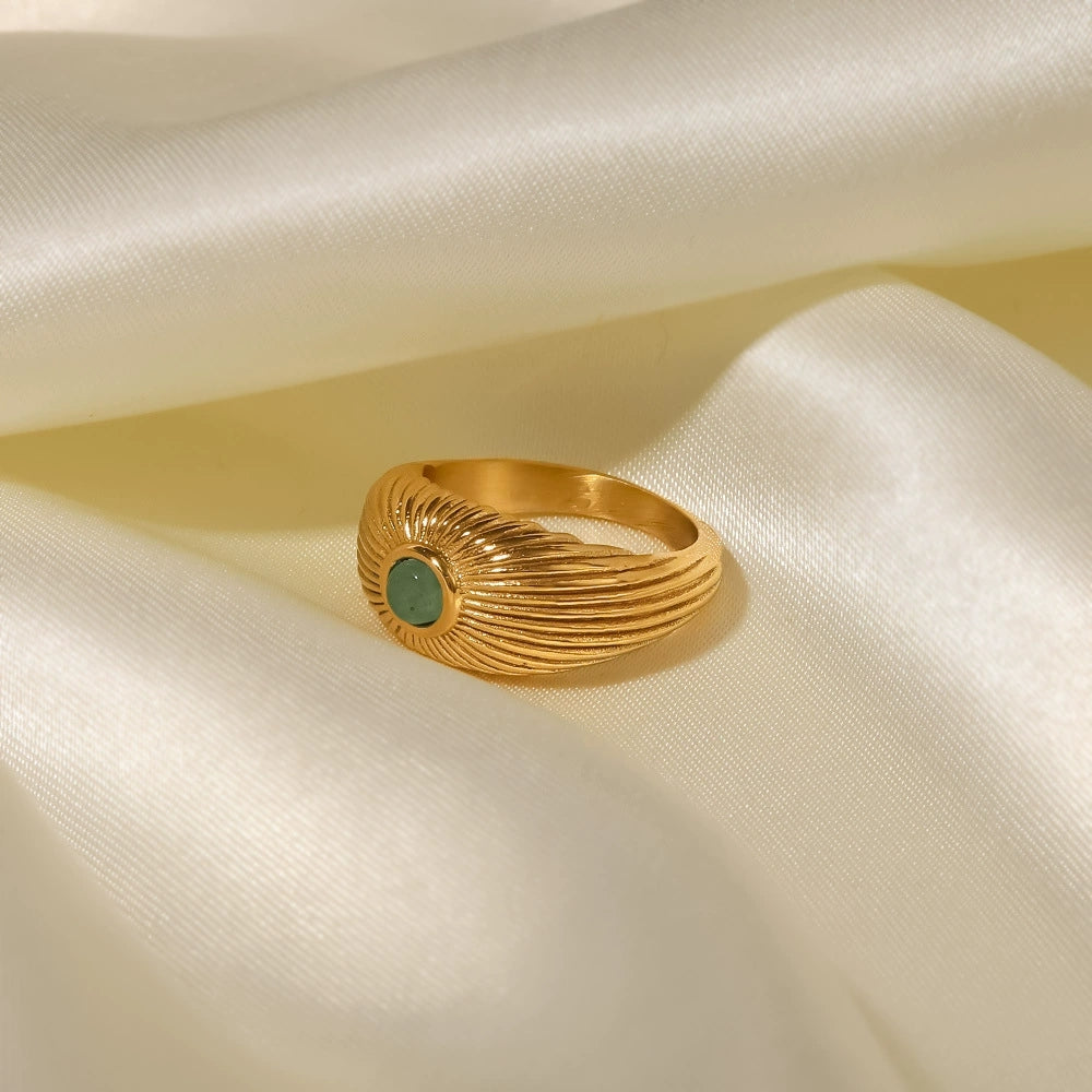 MoJone French Chic 18K Gold-plated Natural Green Stone Sun-shaped Ring for Female