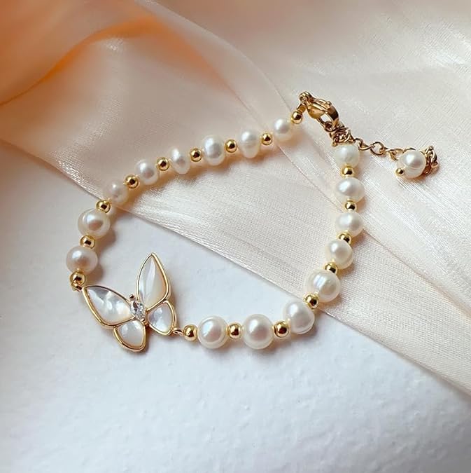 Textured Pearl Butterfly Bracelet with Moonlight Charms, White, Versatile Daily Accessory