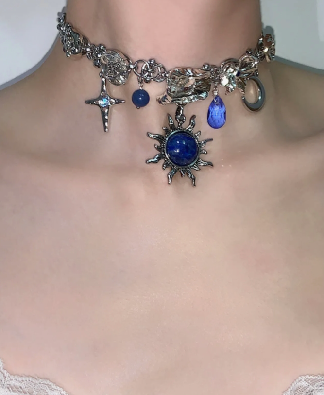 Cyber Punk Vintage Chunky Metal Chain Necklace,Silver Star Moon Pendant Choker, Trendy Jewelry, Y2KAccessories, Perfect Unique Handmade Gift