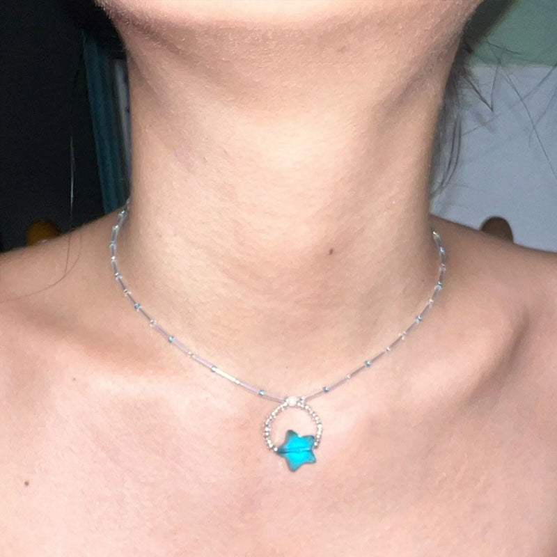 Y2K Necklace with Blue Star Pendant,ins style Exquisite Choker,Summer beads Necklaae candy color for women