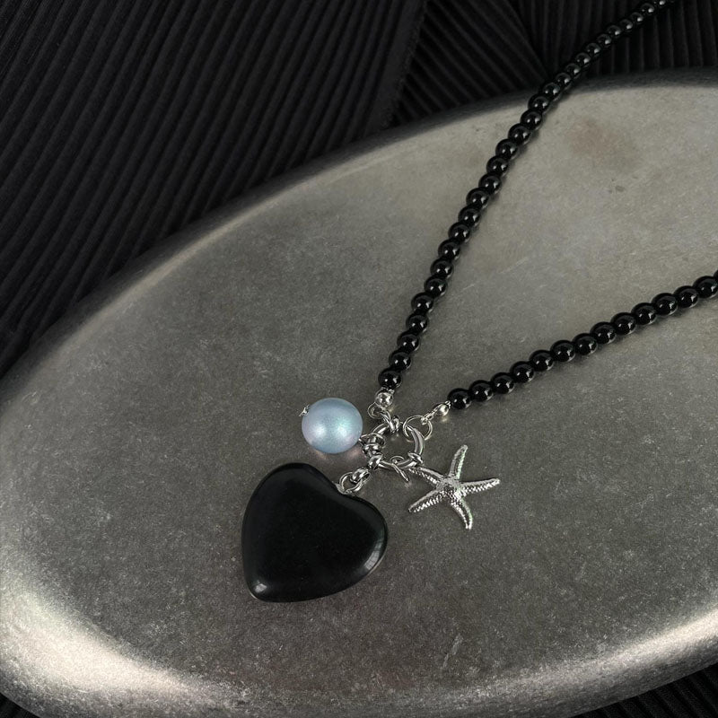 Black Agate Necklace Heart Shaped Pendant Necklace for Women