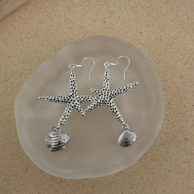 Sea Star Earrings,Long Style,Ocean Earrings,S925 Earrings,Conch and fish pendant,elegant Irregular earrings,Beach Charms Jewelry For Woman