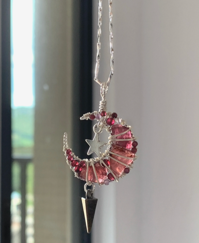 MoJone Original Handmade Moon-shaped Pendant, Natural Stone and Silver-plated Necklace