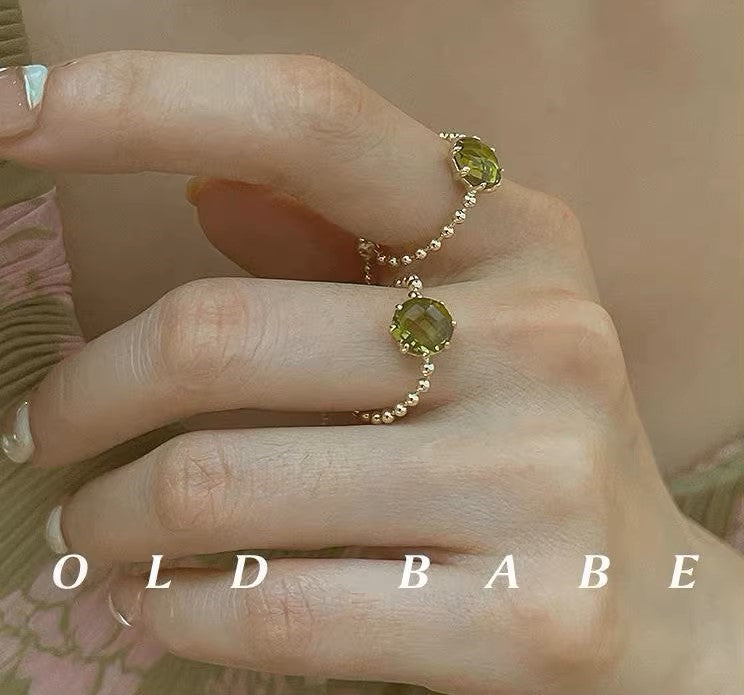 MoJone French Chic Gold-plated Adjustable Green Crystal Ring for Female