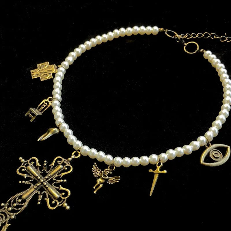 Vintage Necklace,glass pearl beads Choker,personality copper pendant,Cross Pendant Necklace Gothic,Jewelry for Women Men