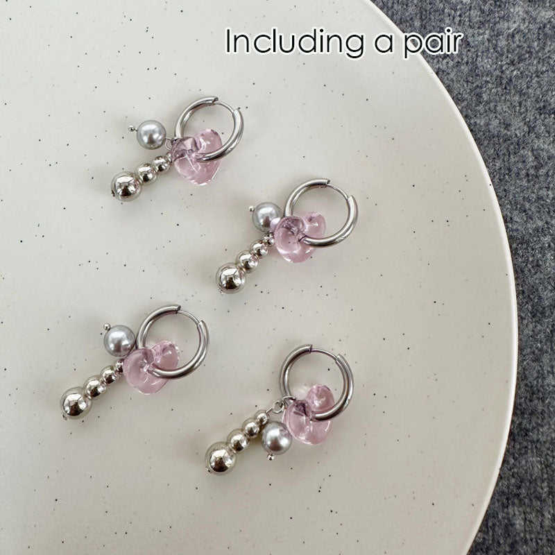 Silver Pearl Pink Heart-shaped Earrings for Women Heart Earrings Clip on Pearl Earrings