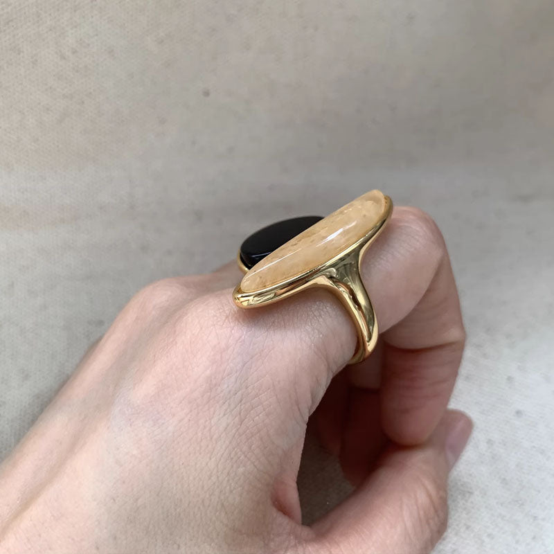 Personality Fashion Geometric Oval Ring Rectangular Golden Black Jewelry Natural Stone Ring Natural Stone Ring for Women