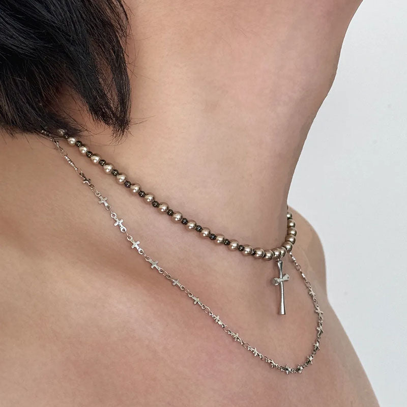 Gothic Double Layered Cross Necklace,  Alloy Black Bead Cross Choker Necklace, Halloween Goth Jewelry Gift for Women