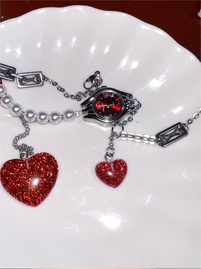 Vintage Punk Niche Red Watch Pearl Choker, Red Heart, Butterfly Pendant Fringe Necklace, Y2K Metallic Jewelry , Handmade Gift For Her