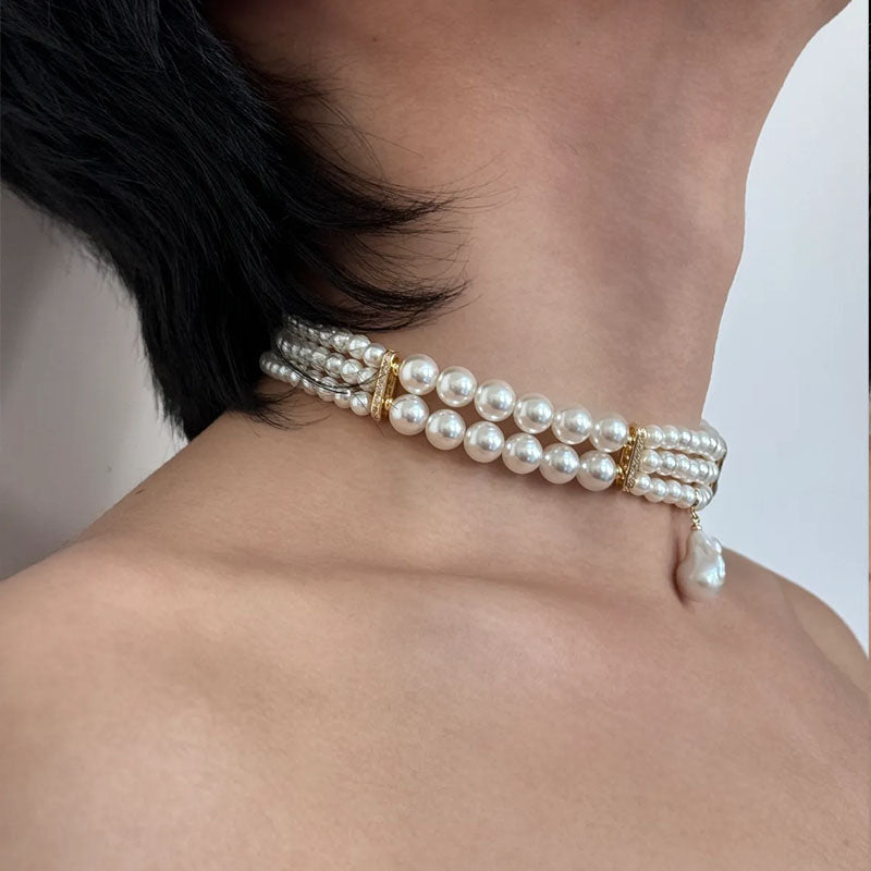 Vintage Double-layer Baroque Pearl Choker Necklace,Unisex Pearl Choker Necklaces , Bridal Choker, Costume Jewelry, Handmade Unique Jewelry Gift