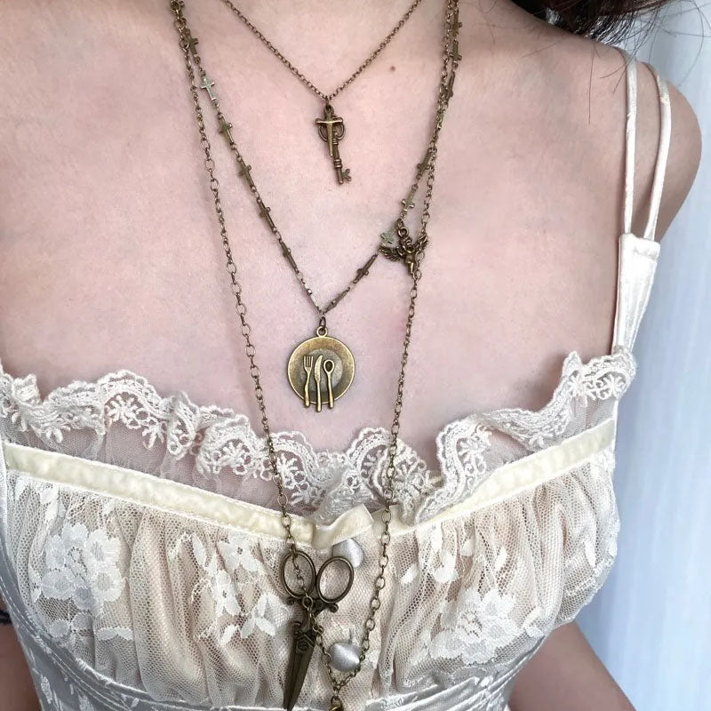 Multi 3 Layers Necklace, Vintage Choker Chain,Mirror Pendant,Multi element retro copper necklace,classical Jewelry for Women
