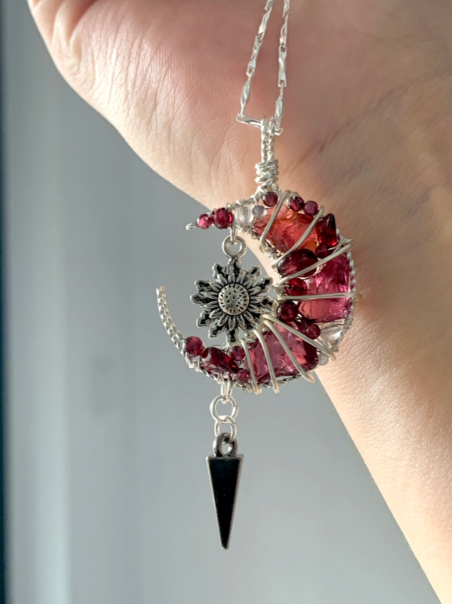 Handmade Red Moon Crystal Necklace,Magic Natural Stone and Silver-plated Necklace