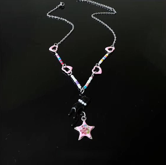 Adorable Cat and Star Pendant Beaded Necklace, Girly Style, Interesting Design, Special Gift. Niche Style