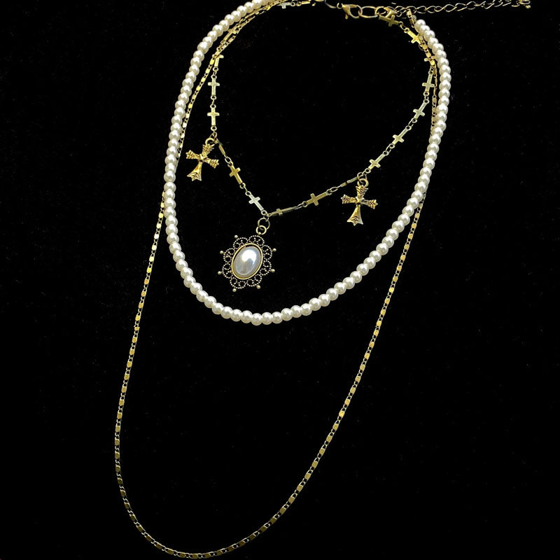 Vintage Cross Multi-Layered Necklace Chain,court style Pearl Necklaces,heavy industry necklaces,removable Jewelry for Women