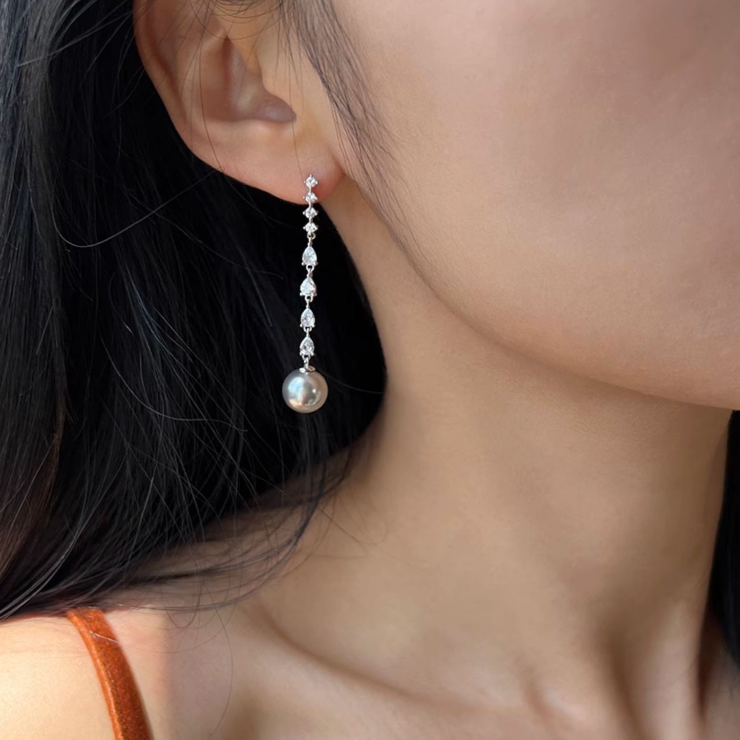 Pearl Dangle Earrings with Zirconia Crystals, Retro S925 Sterling Silver Earrings