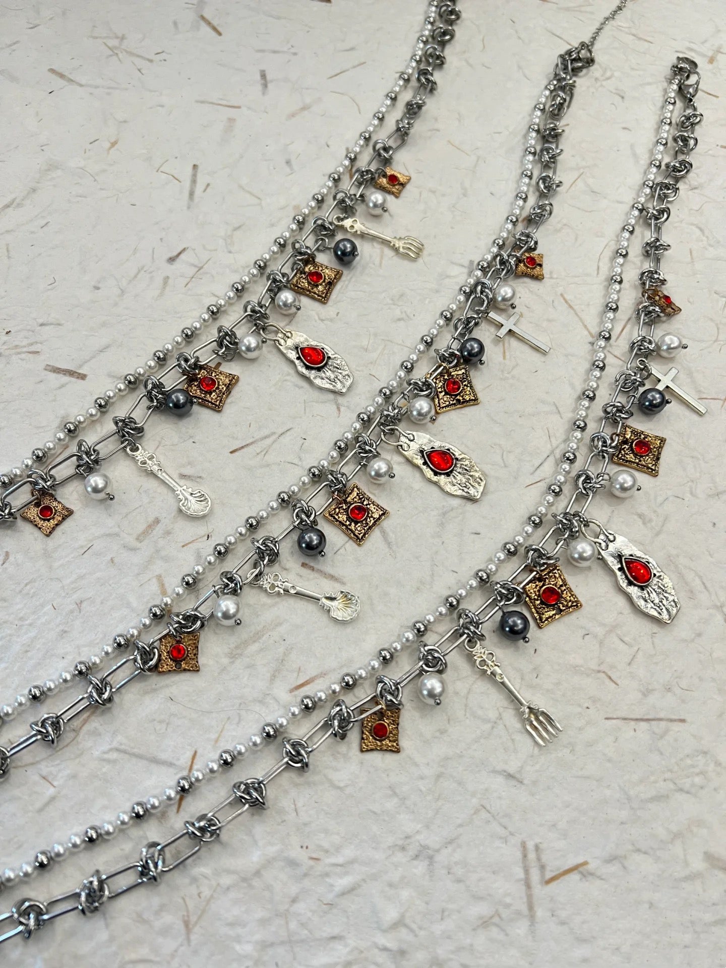 Vintage Cross Necklace with Ruby and Pearl Layering, Uniquely Cyberpunk Y2K Style Necklace, Punk Vintage, Men and Women necklace