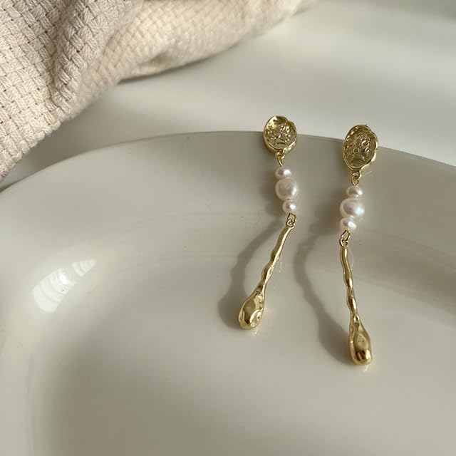 Freshwater Pearl Drop Earrings, Gold Plated Settings, Long Drop Design for Women