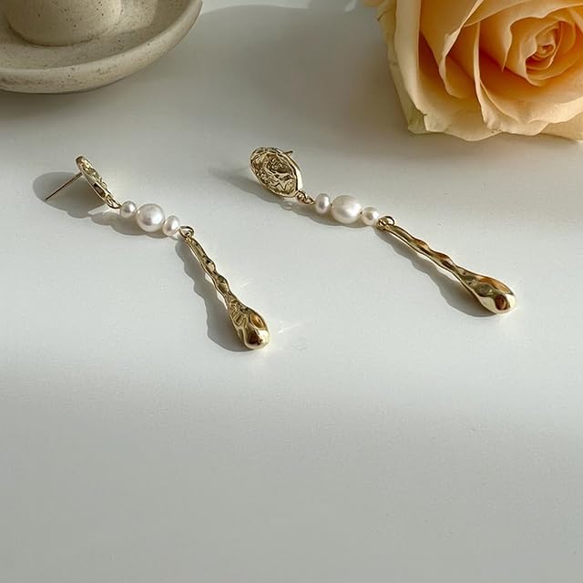 Freshwater Pearl Drop Earrings, Gold Plated Settings, Long Drop Design for Women