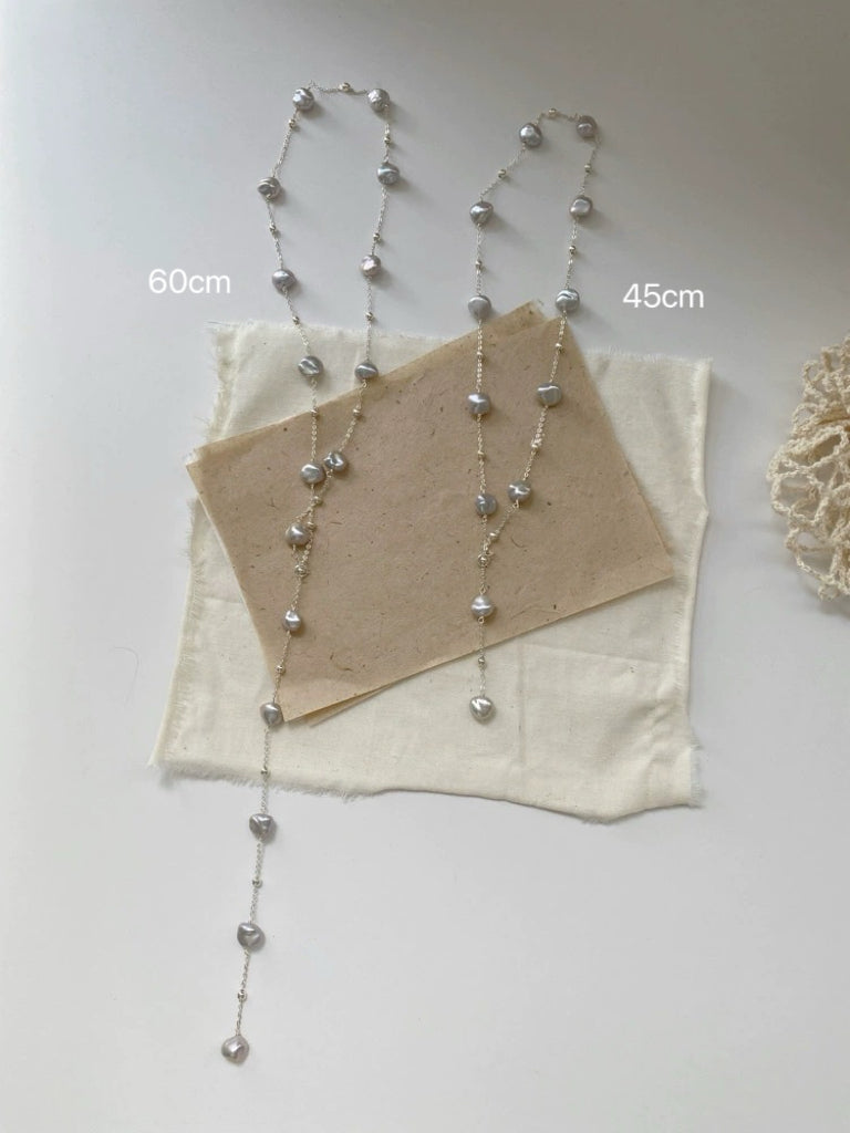 Handcrafted  Blue-Grey Freshwater Baroque Pearl Necklace in S925 silver,Genuine Freshwater Pearls,Collarbone chain, Sweater chain.