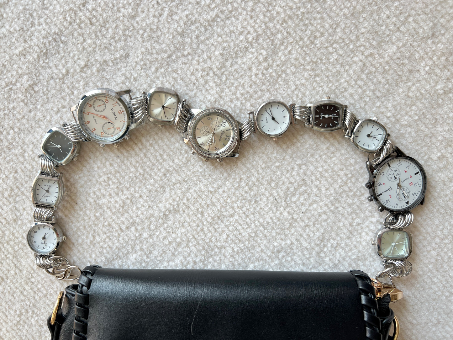 Cyberpunk silver watch bag strap, niche 11 clocks metal bag chain