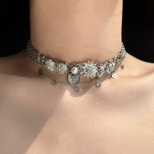 Punk vintage butterfly floral pendant silver layered necklace, Y2K necklace, elegant vintage, trendy eclectic necklace,Perfect unique gift.