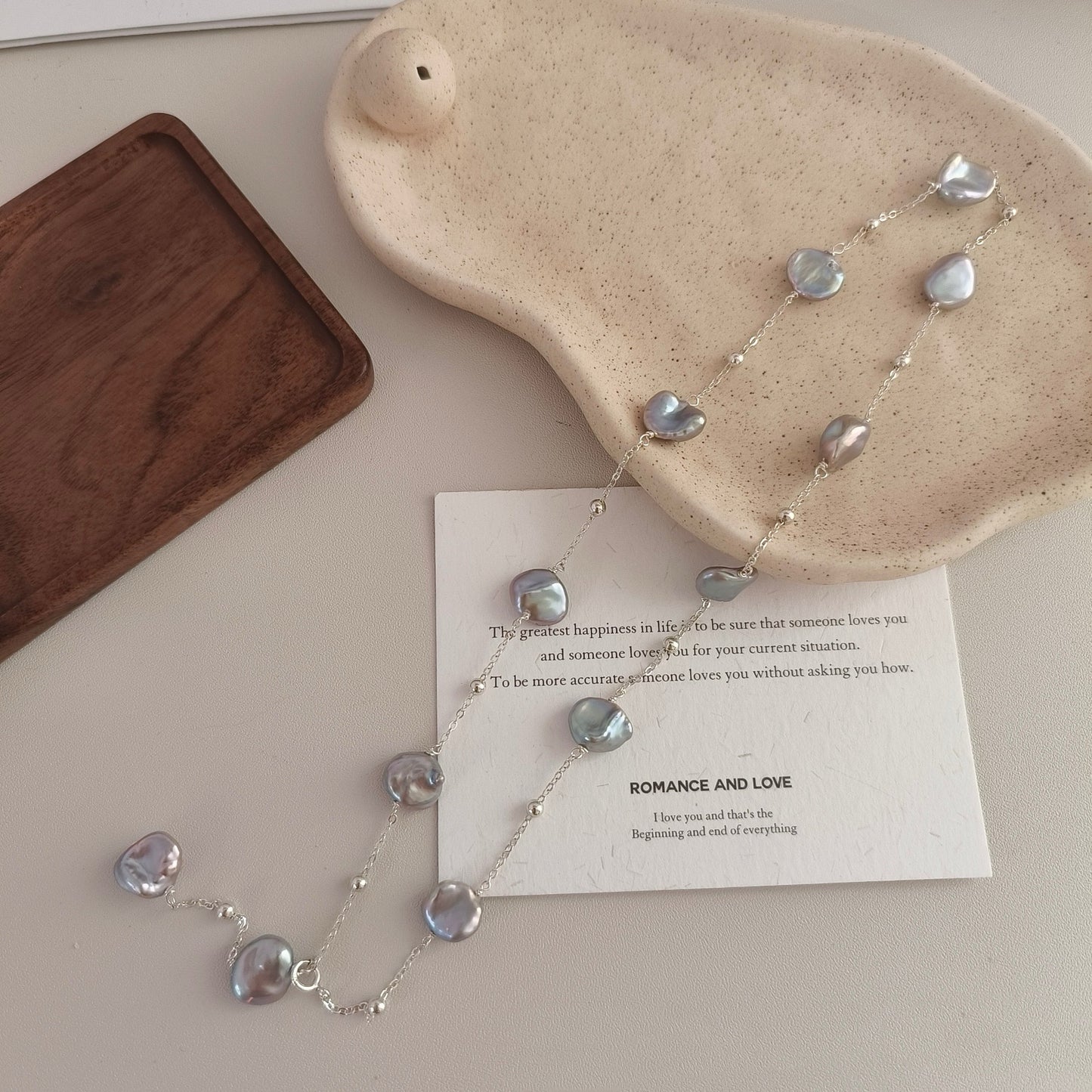 Handcrafted  Blue-Grey Freshwater Baroque Pearl Necklace in S925 silver,Genuine Freshwater Pearls,Collarbone chain, Sweater chain.